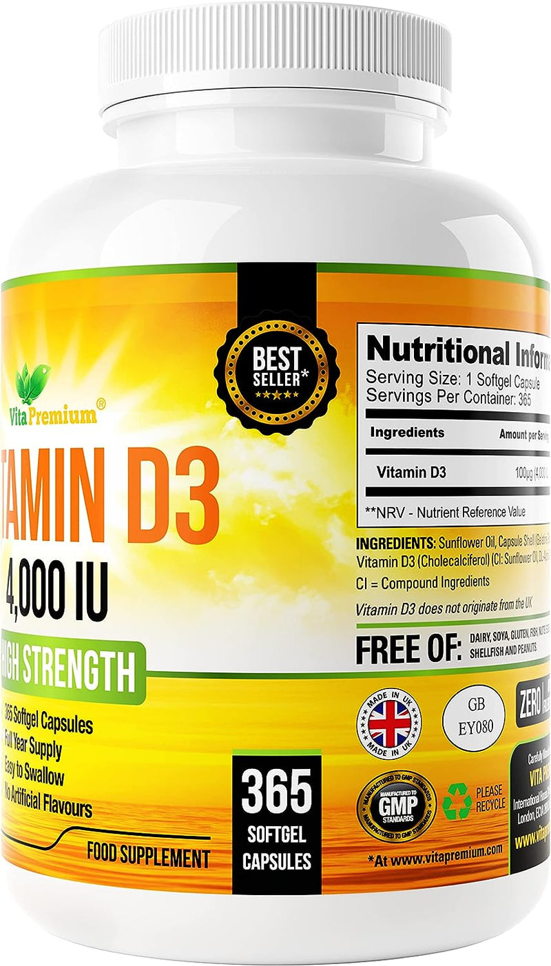 Vitamin D 4,000 IU, Maximum Strength Vitamin D3 Supplement, 365 Easy to Swallow Softgels - Full Year Supply - LSF Dermal Fillers